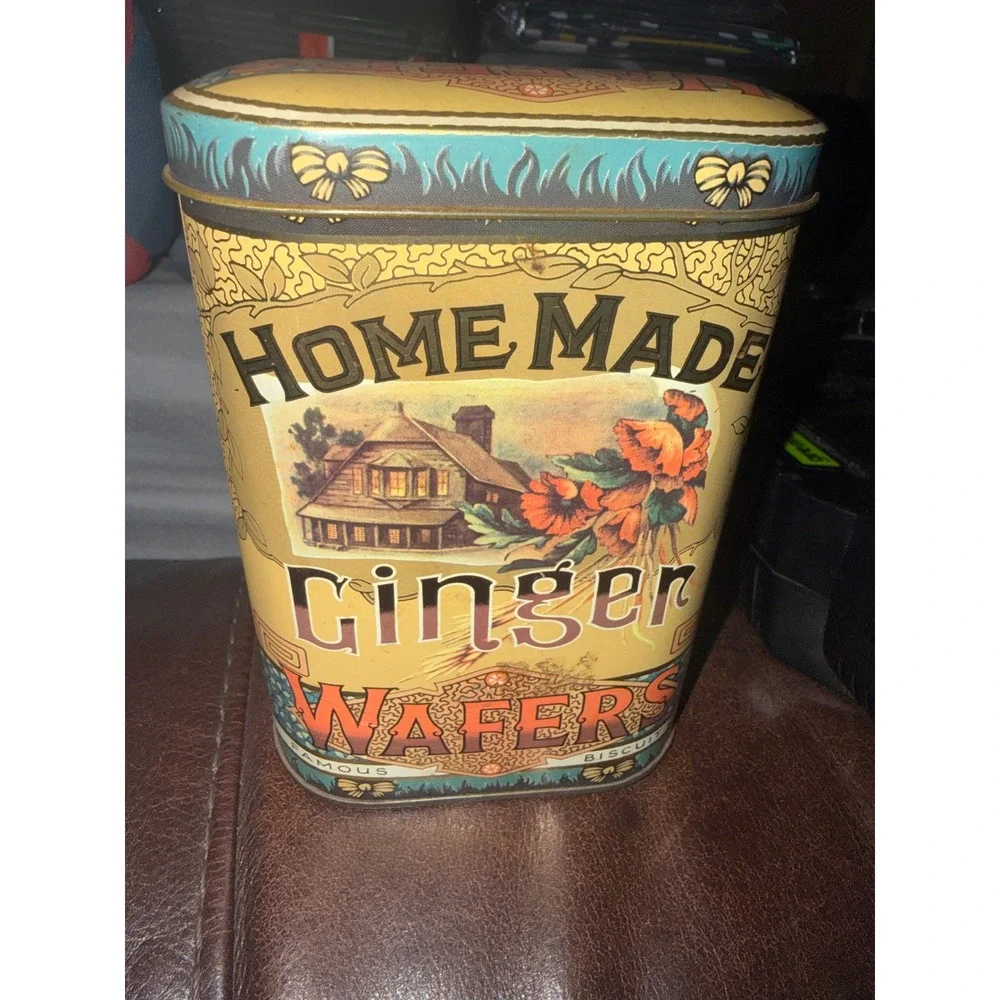 VTG Daher Ginger Wafers Biscuit Tin Metal Container Made in England Gold Teal
